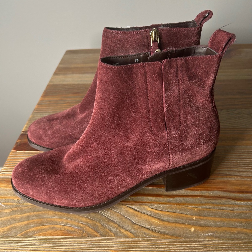Cole Haan Burgundy Suede Ankle Boots Side Zip Block Heel Women Size 7B